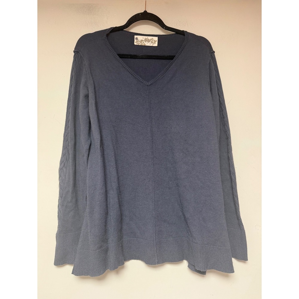 Lavandula V-Neck Sweater Women‎ Large Blue Excellent Cable Knit Sleeve Viscose